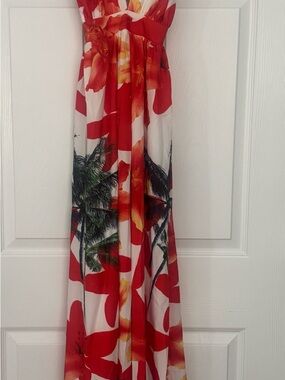 Red Tropical Floral Maxi dress with Palm Print